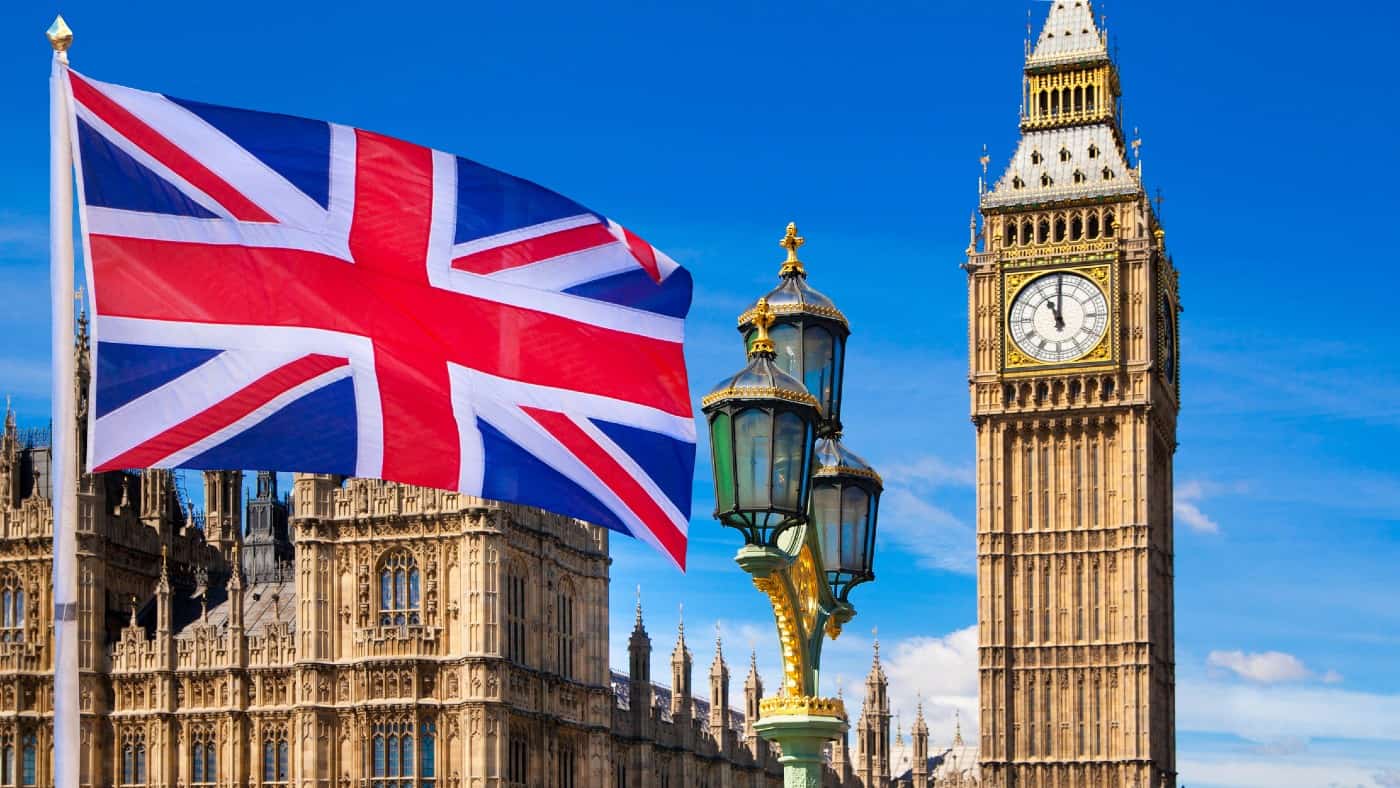 British flag, Big Ben, Houses of Parliament and composition of the British flag