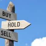 Three signposts pointing in different directions, with 'Buy' 'Sell' and 'Hold' on