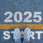 Runner standing at the starting point with 2025 year for starting in new year 2025 to achieve business planing and success concept.