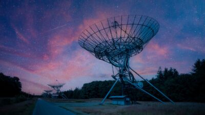 A row of satellite radars